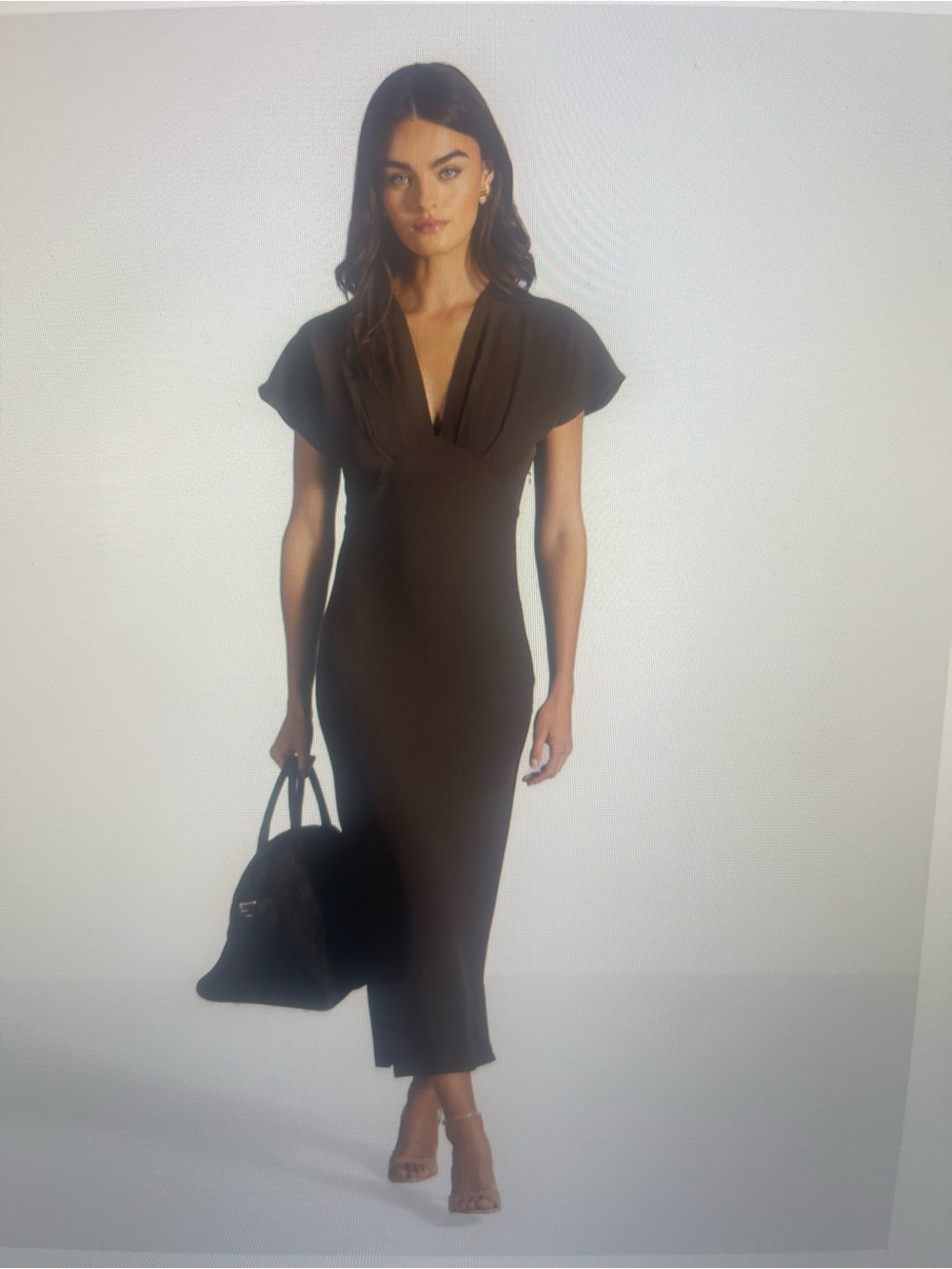 JAKI London Juliette Elegant V-Neck Midi Dress in Espresso Brown medium NWT